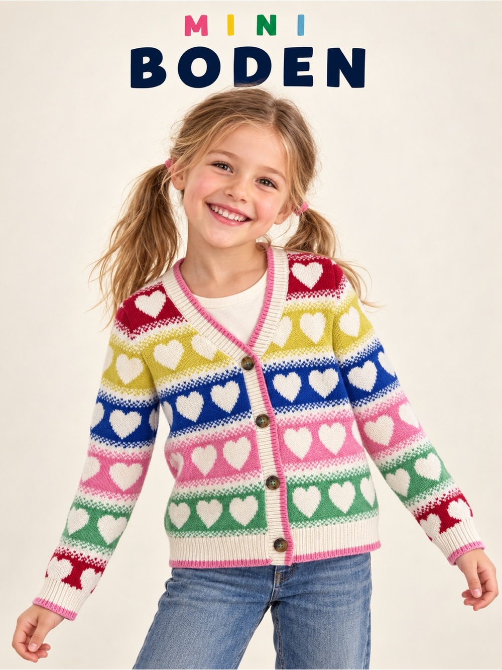 Mini Boden Kids Flora Fun V-Neck Cardigan Rainbow Hearts Knit Sweater Size 5-6Y